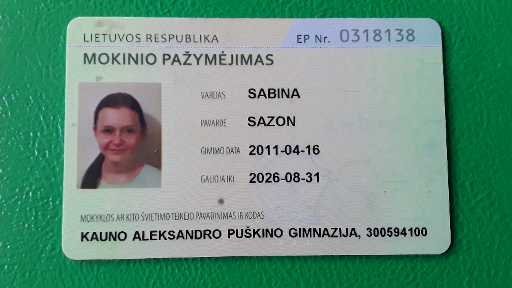 Rastas Sabinos mokinio pažymėjimas